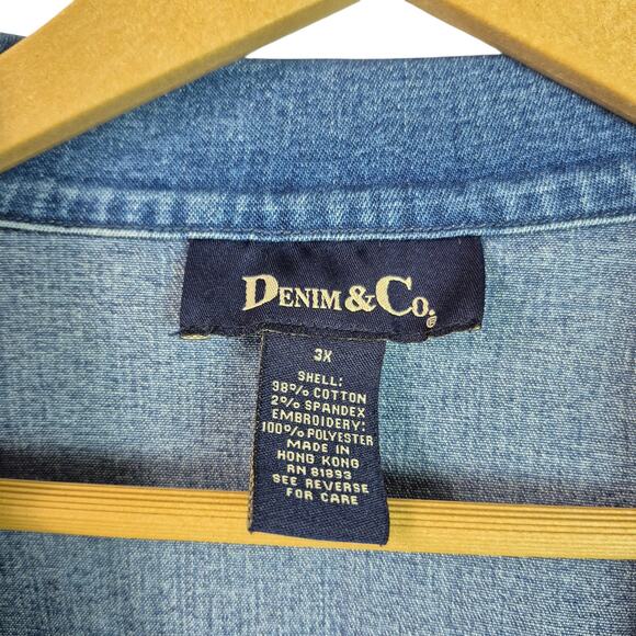 Denim & Co Blue Denim Floral Embroidered Vintage Jacket Blazer Coat 3 X - Picture 2 of 2